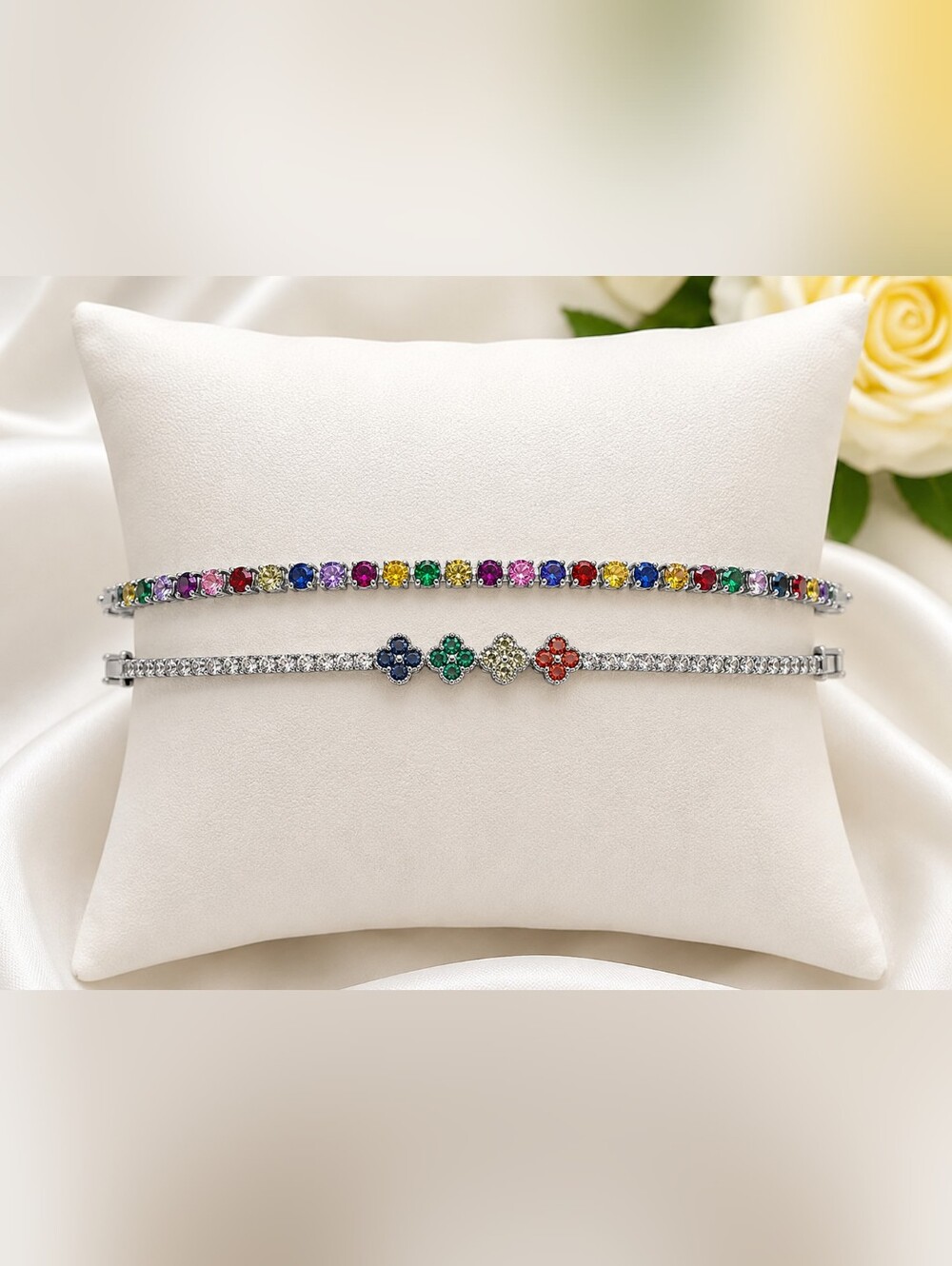 Multicolor Bracelet Duo Set | 7" Rainbow Tennis Bracelet & 8" Multicolor Clover